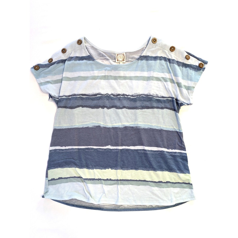 True Self Blue Striped Short Sleeve Button Shoulder Top XL Watercolor Boho Tee